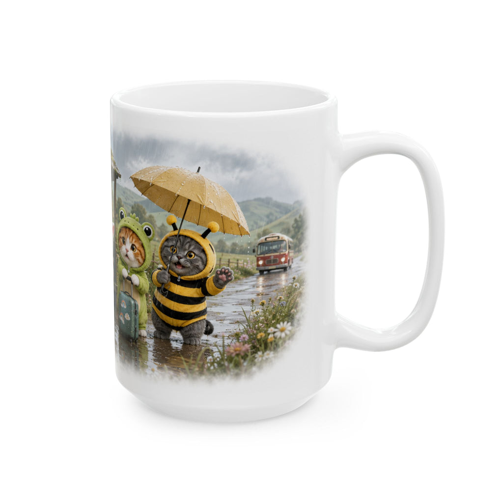 Rainy Day Ceramic Mug – Cute Kitten Bus Stop Adventure