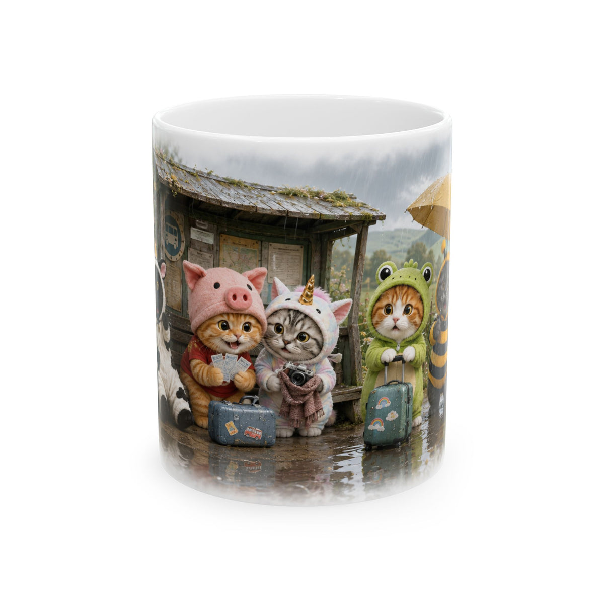 Rainy Day Ceramic Mug – Cute Kitten Bus Stop Adventure