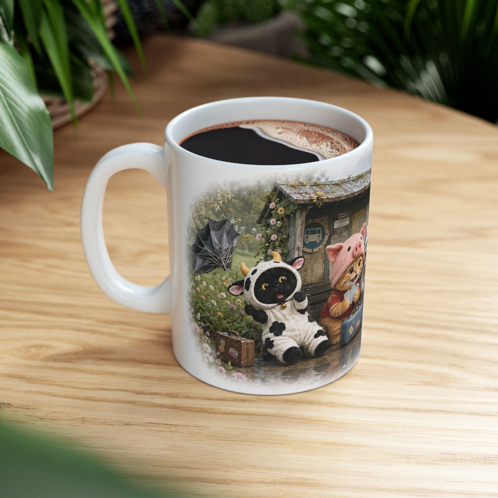 Rainy Day Ceramic Mug – Cute Kitten Bus Stop Adventure