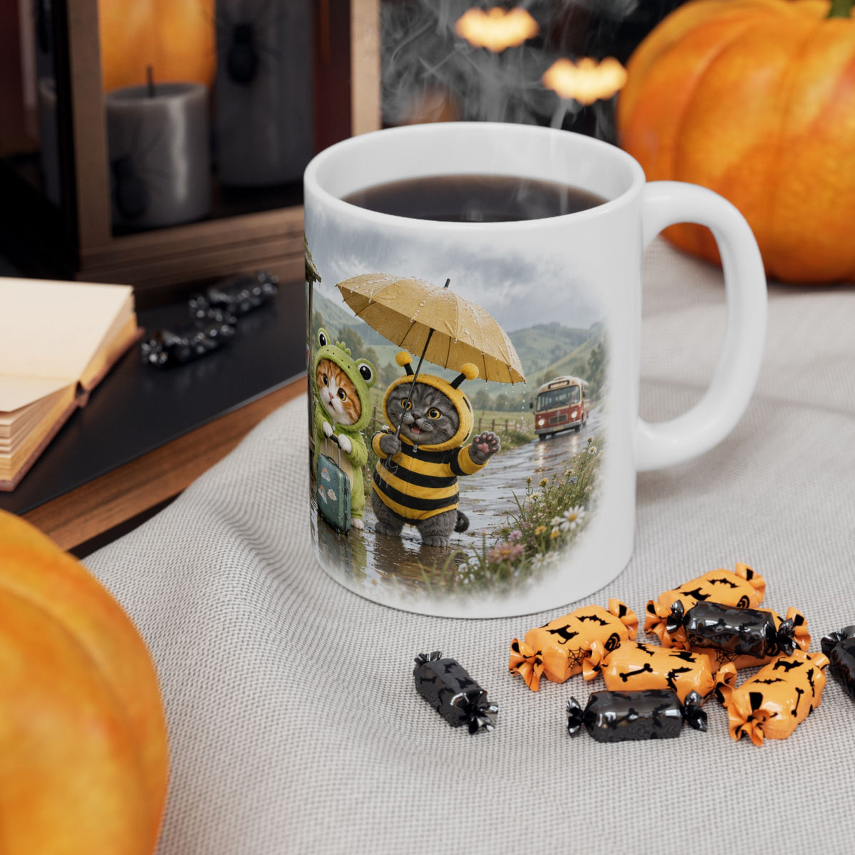 Rainy Day Ceramic Mug – Cute Kitten Bus Stop Adventure