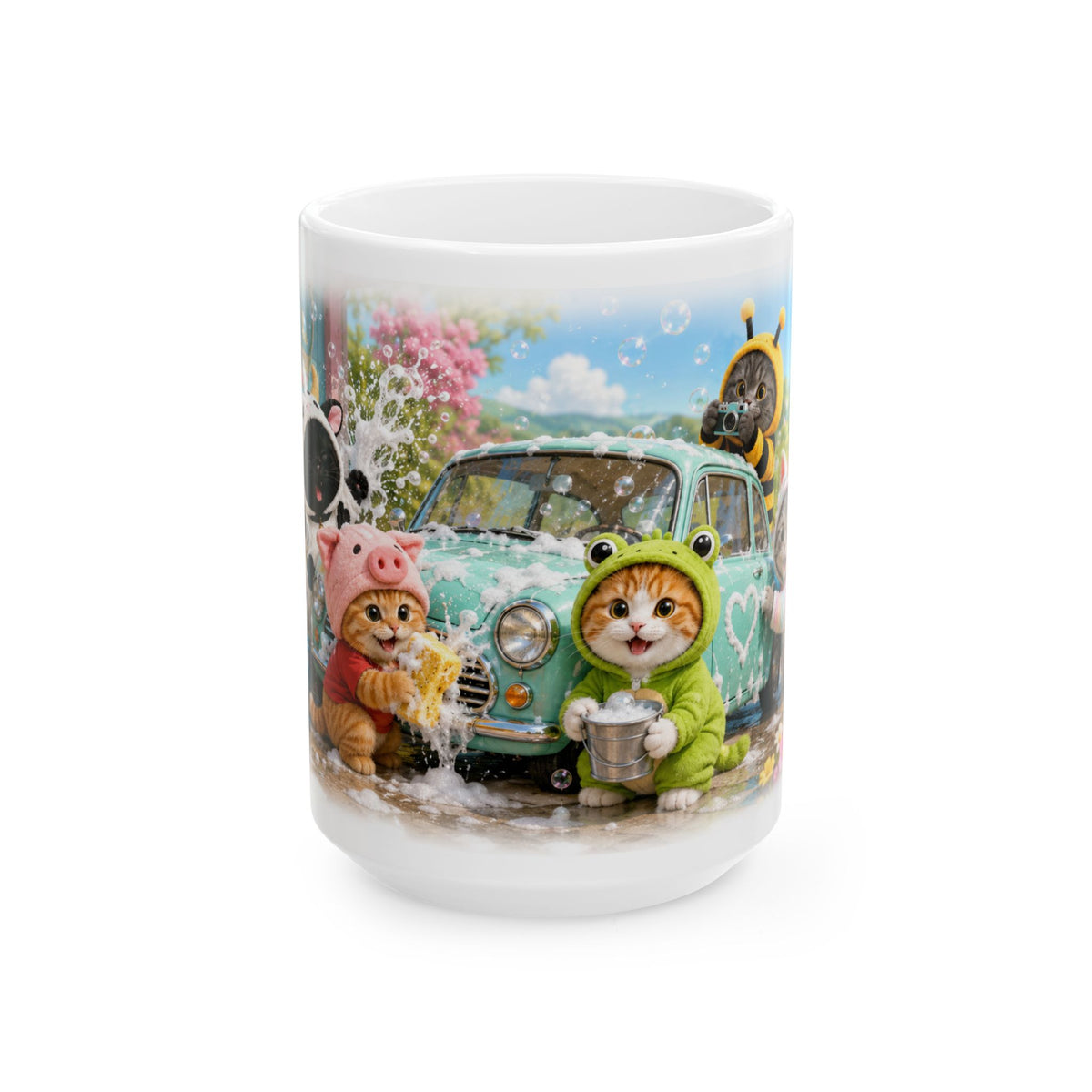 Car Wash Ceramic Mug – Cute Kitten Road Trip Adventure