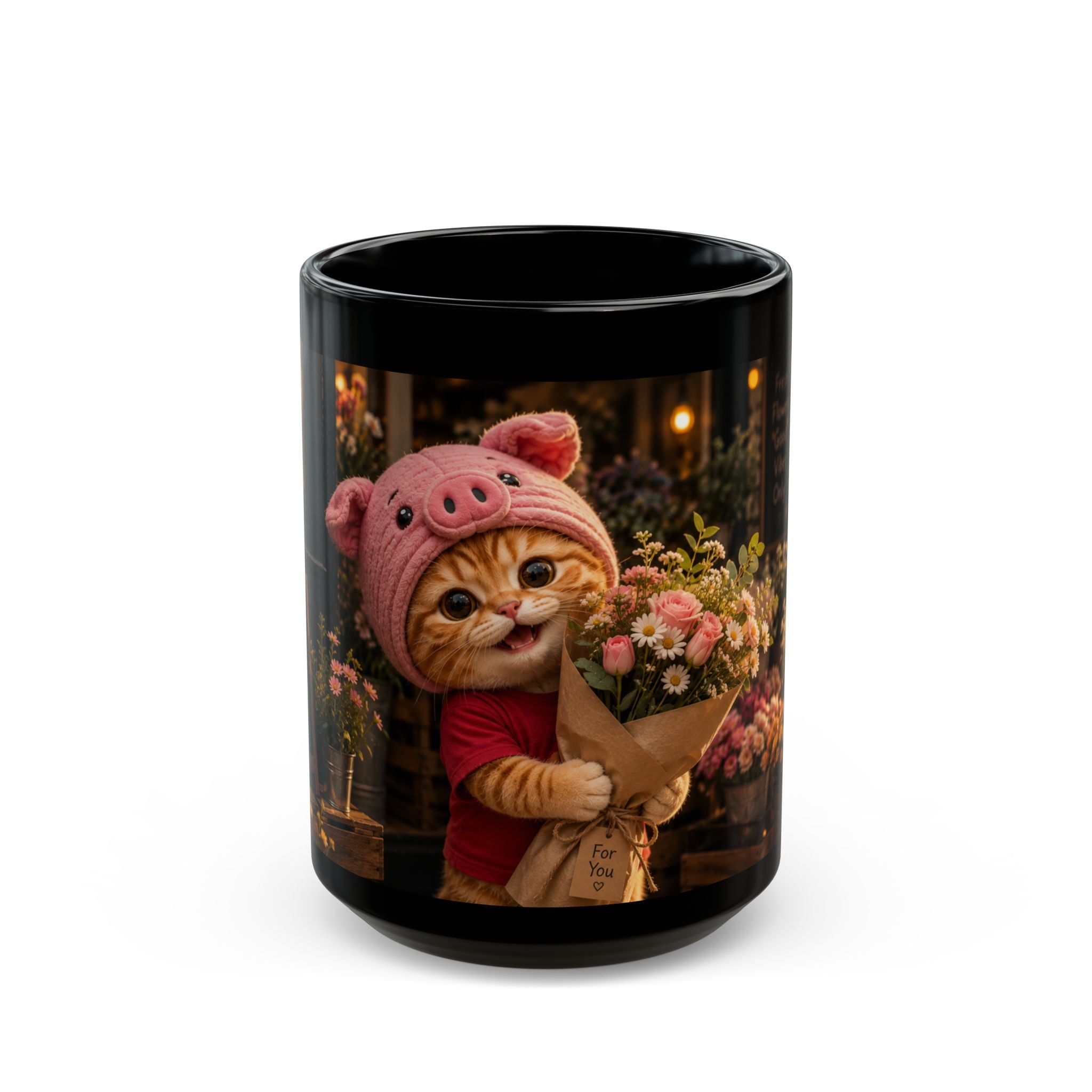 Porky with Flowers — Black Ceramic Mug