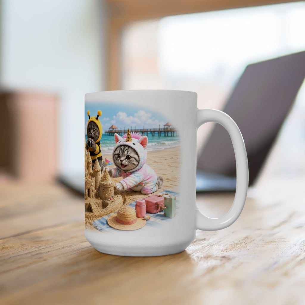 Beach Day Ceramic Mug – Cute Kitten Sandcastle Adventure