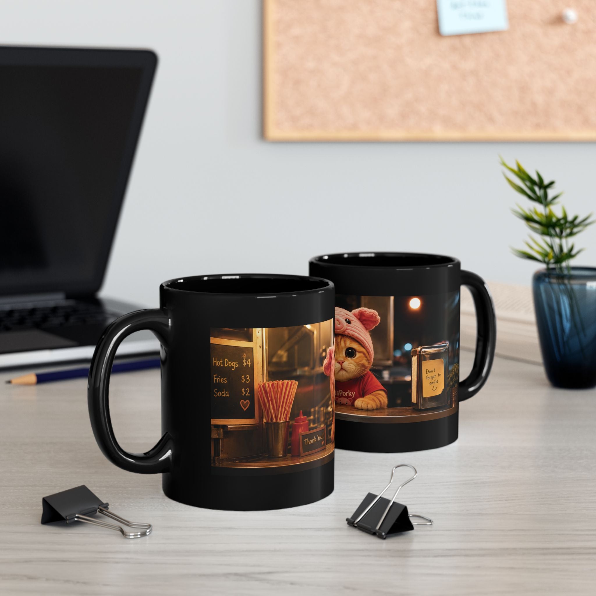 Cozy Café Porky — Black Ceramic Mug