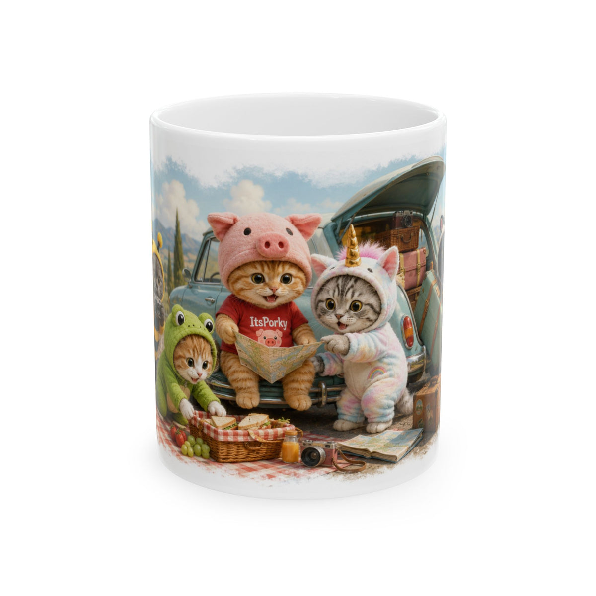Road Trip Picnic Ceramic Mug – Cute Kitten Travel Adventure