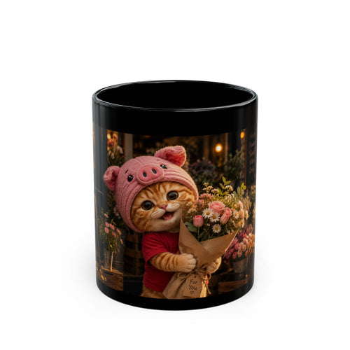 Porky with Flowers — Black Ceramic Mug