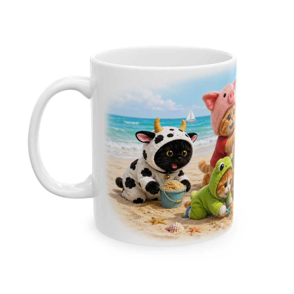 Beach Day Ceramic Mug – Cute Kitten Sandcastle Adventure