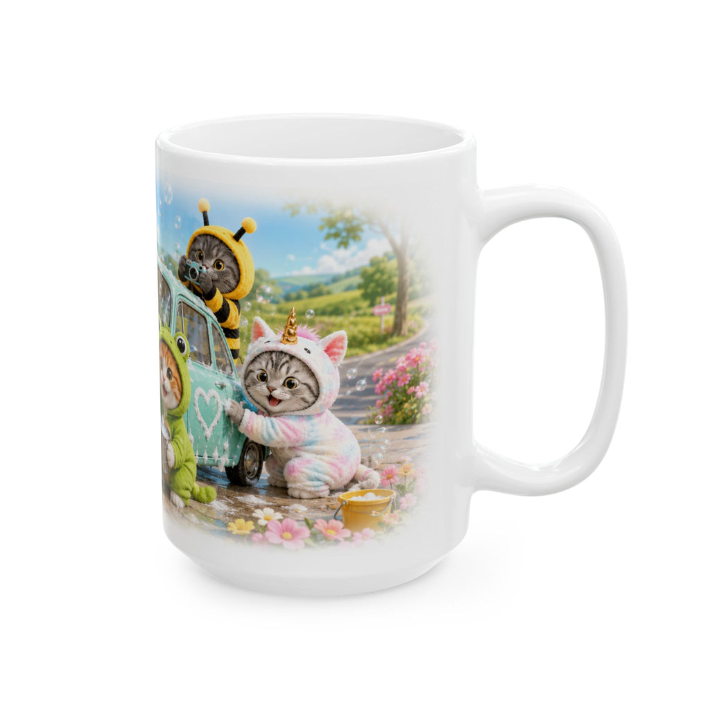 Car Wash Ceramic Mug – Cute Kitten Road Trip Adventure