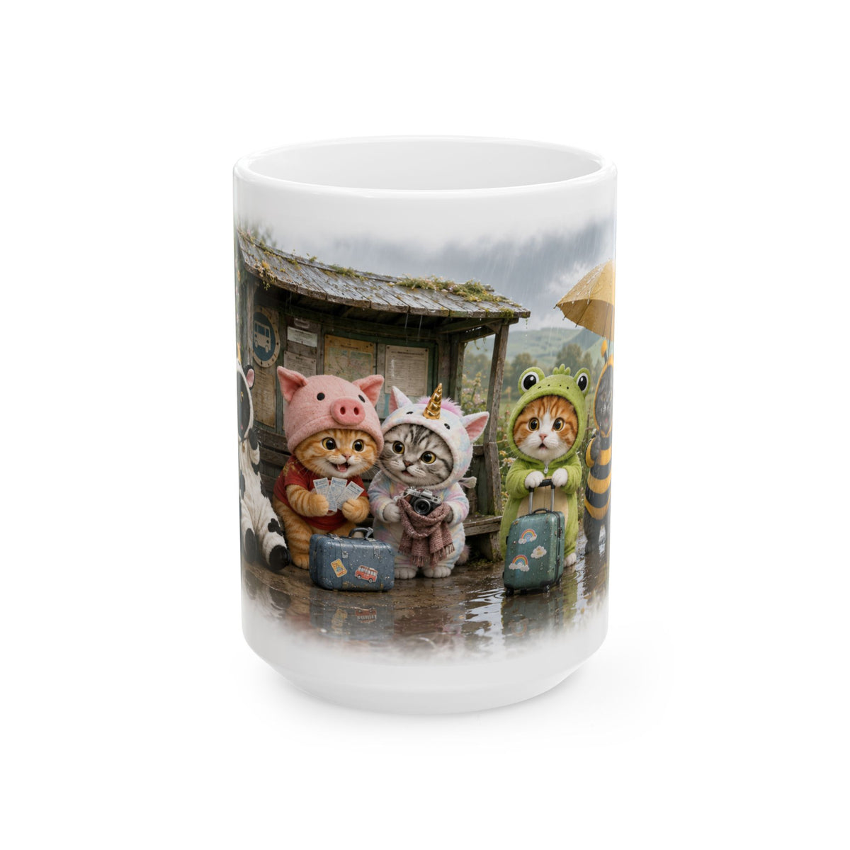 Rainy Day Ceramic Mug – Cute Kitten Bus Stop Adventure