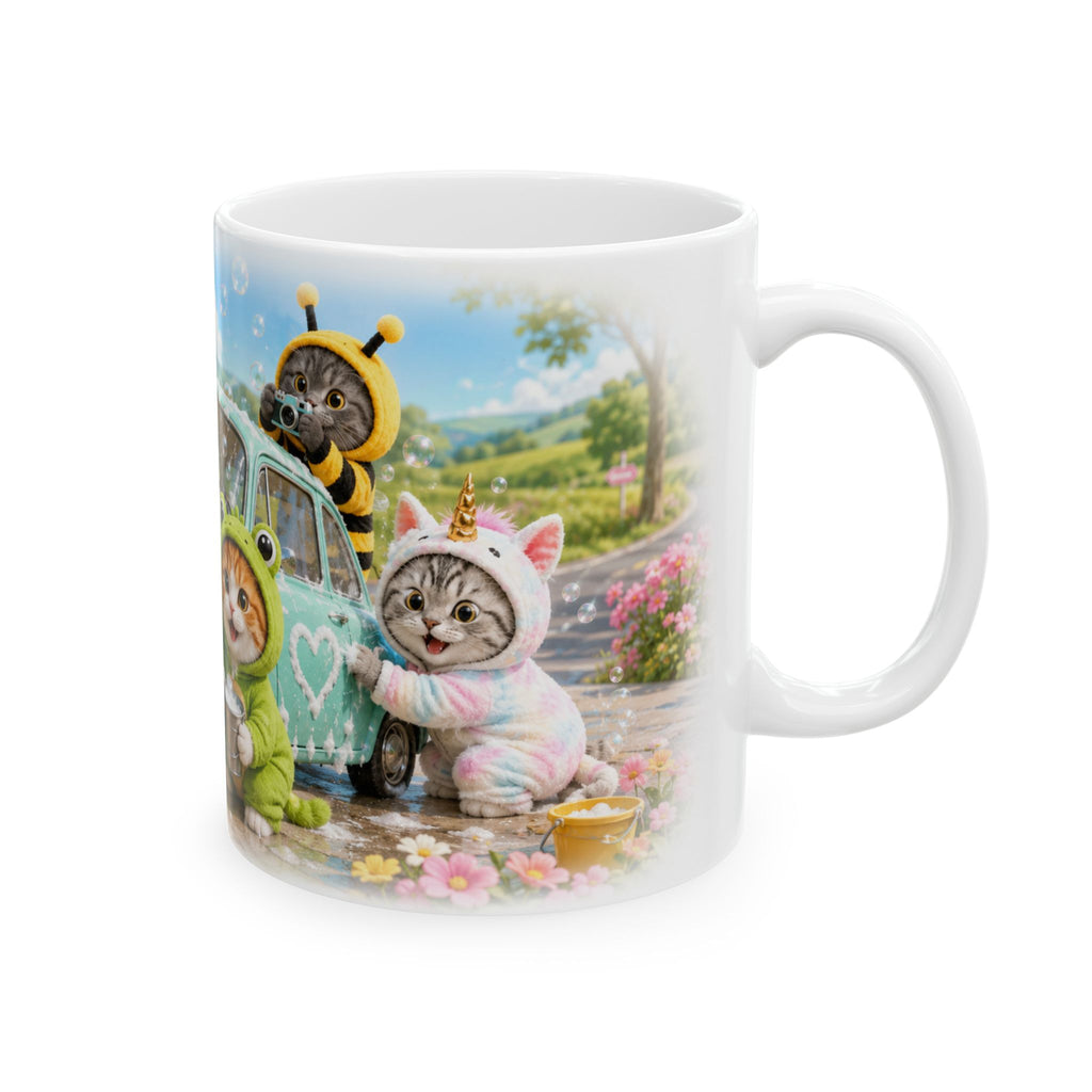 Car Wash Ceramic Mug – Cute Kitten Road Trip Adventure