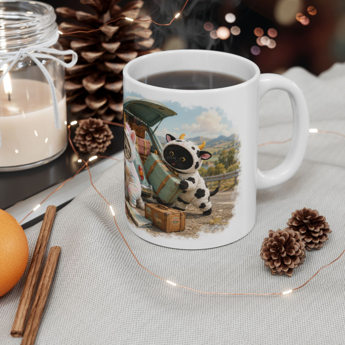 Road Trip Picnic Ceramic Mug – Cute Kitten Travel Adventure