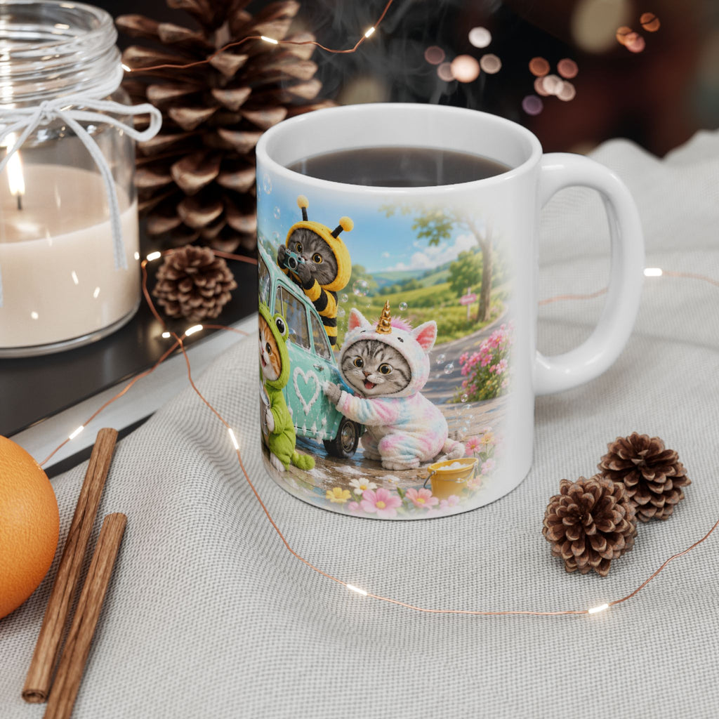 Car Wash Ceramic Mug – Cute Kitten Road Trip Adventure
