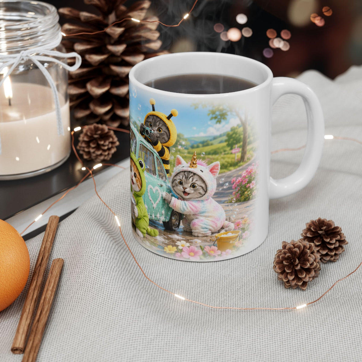 Car Wash Ceramic Mug – Cute Kitten Road Trip Adventure