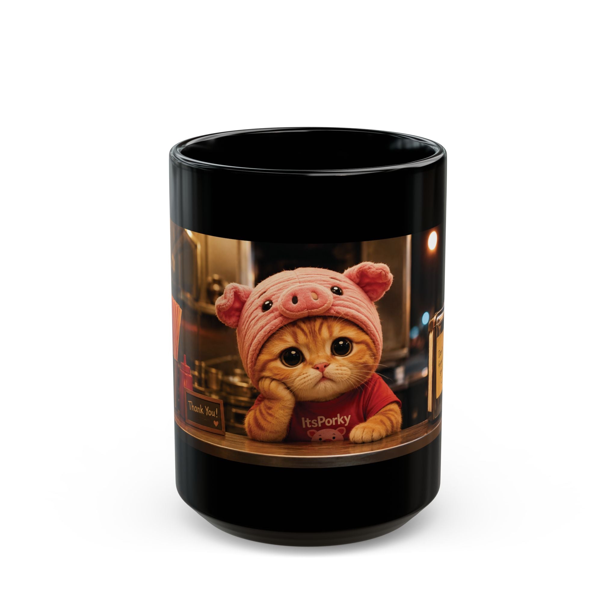 Cozy Café Porky — Black Ceramic Mug