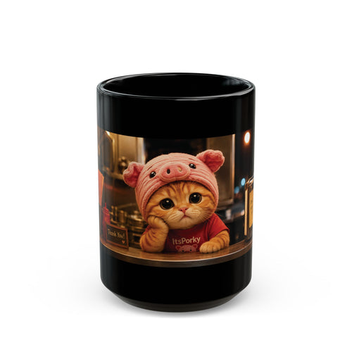 Cozy Café Porky — Black Ceramic Mug