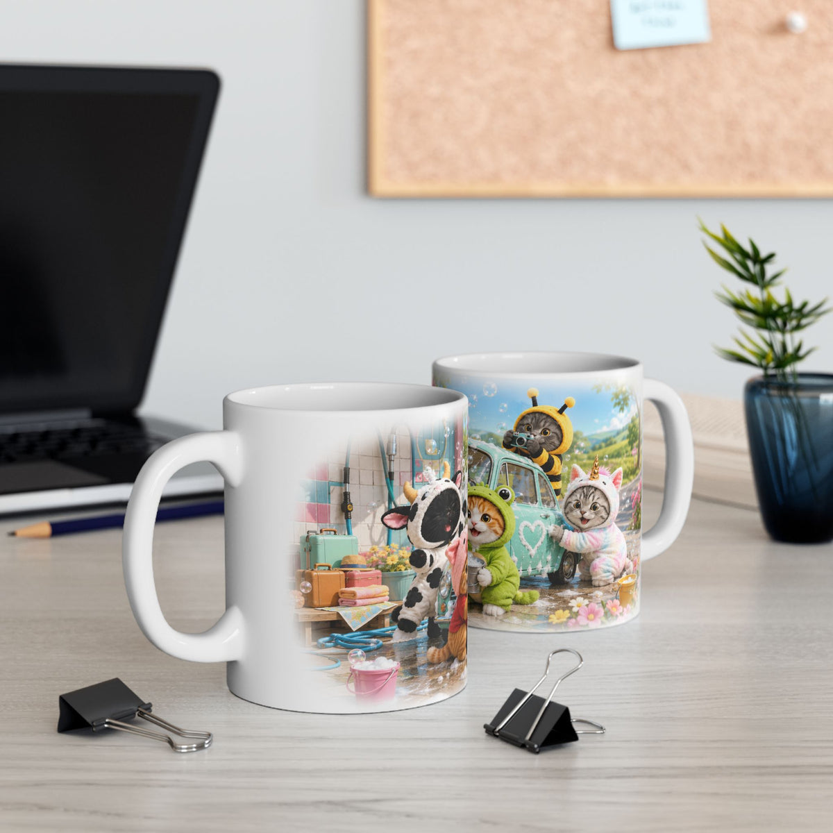 Car Wash Ceramic Mug – Cute Kitten Road Trip Adventure