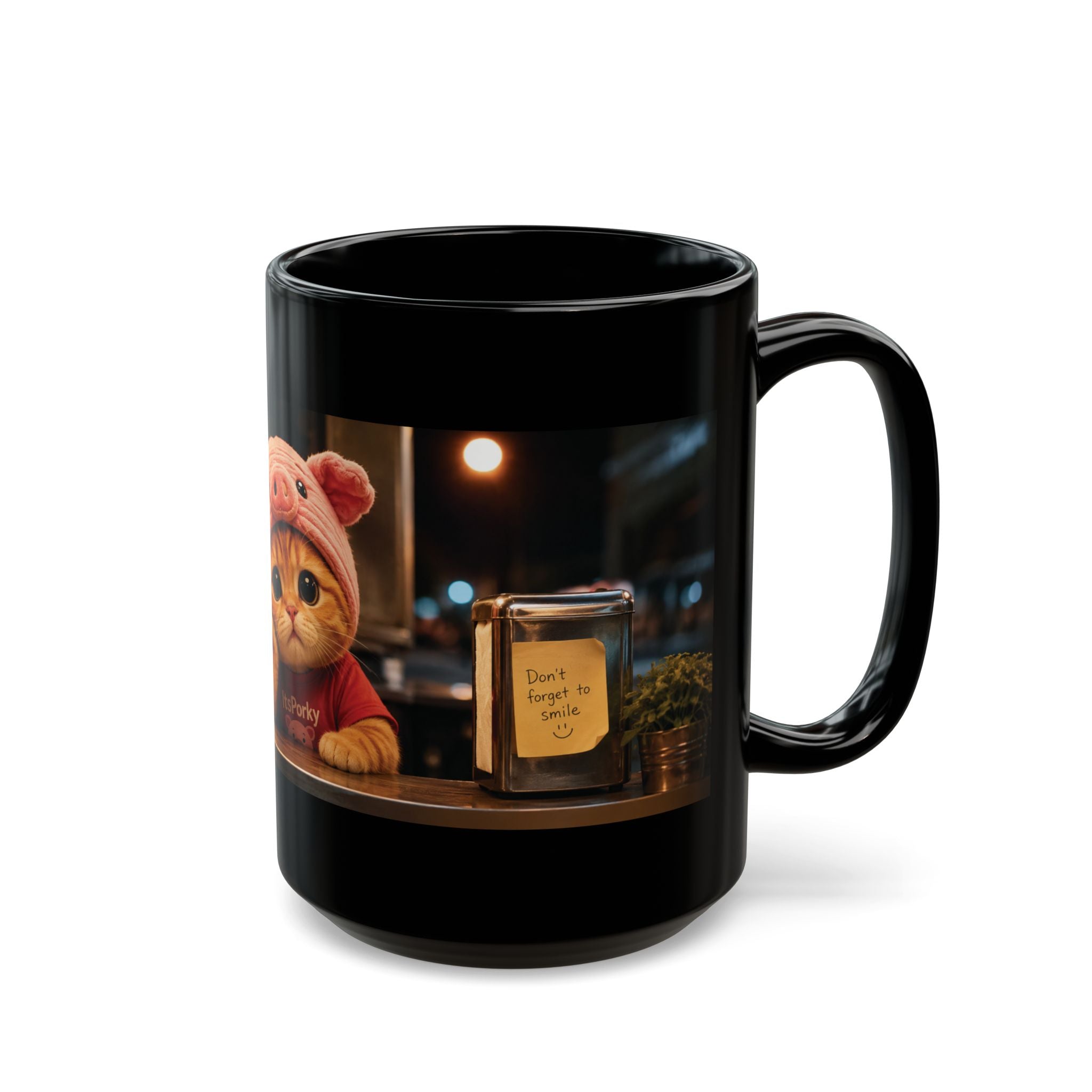 Cozy Café Porky — Black Ceramic Mug
