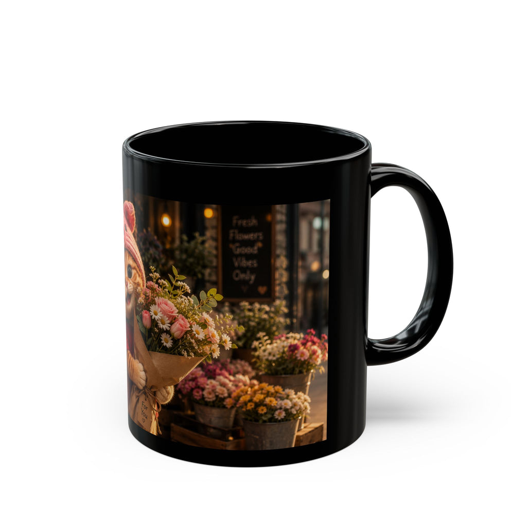 Porky with Flowers — Black Ceramic Mug