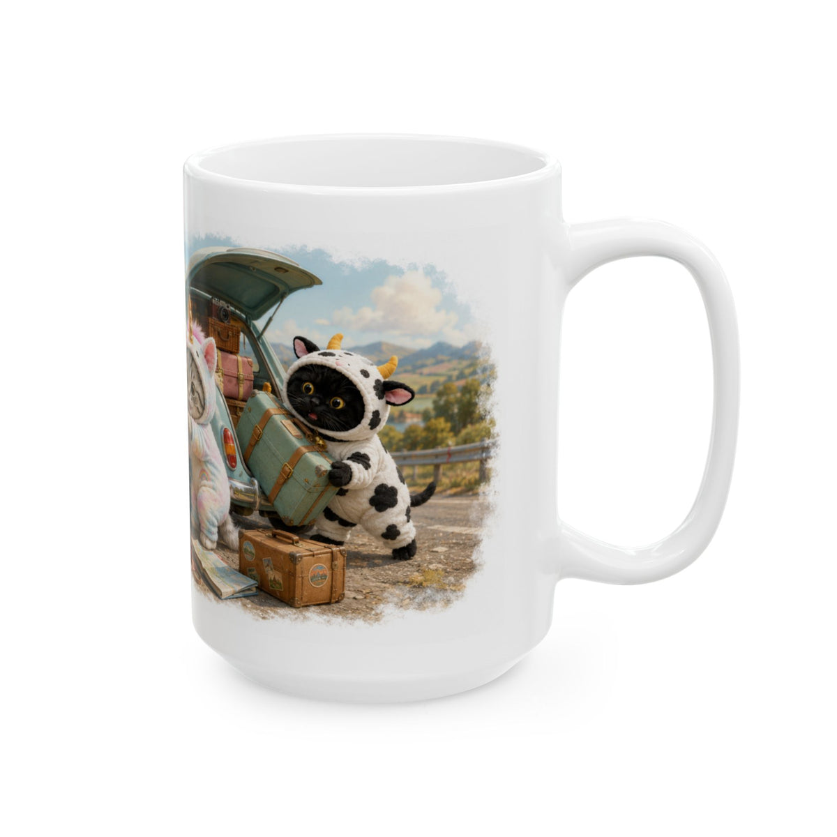 Road Trip Picnic Ceramic Mug – Cute Kitten Travel Adventure