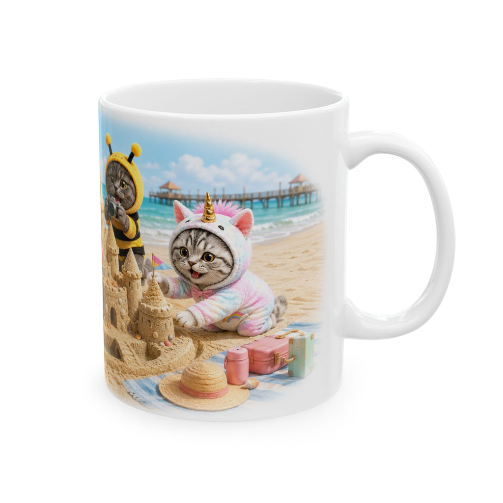 Beach Day Ceramic Mug – Cute Kitten Sandcastle Adventure
