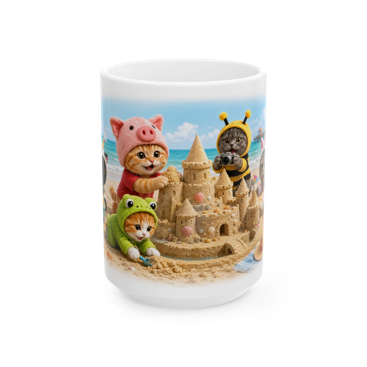 Beach Day Ceramic Mug – Cute Kitten Sandcastle Adventure