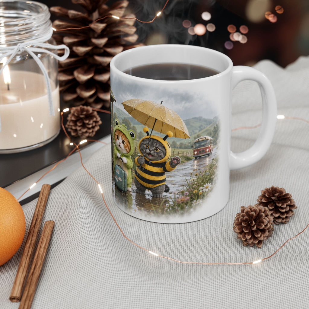 Rainy Day Ceramic Mug – Cute Kitten Bus Stop Adventure