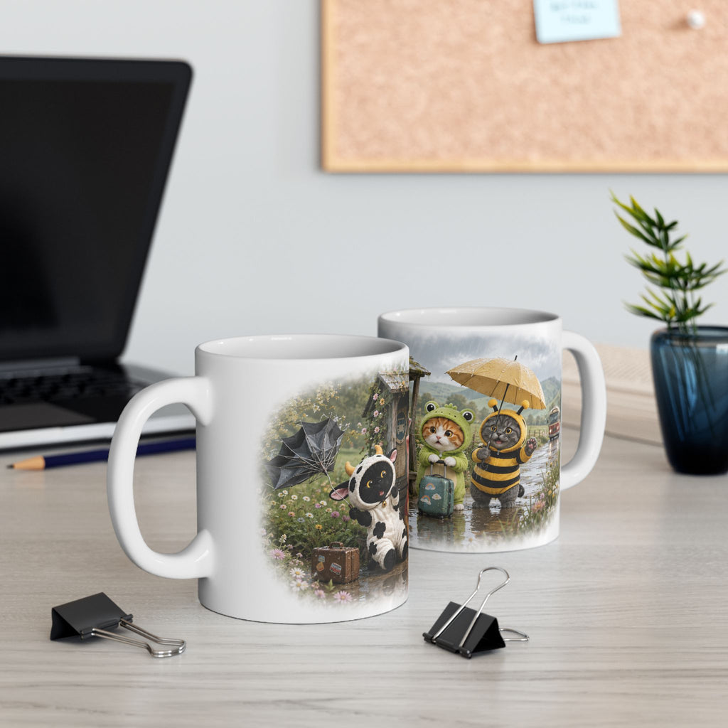 Rainy Day Ceramic Mug – Cute Kitten Bus Stop Adventure