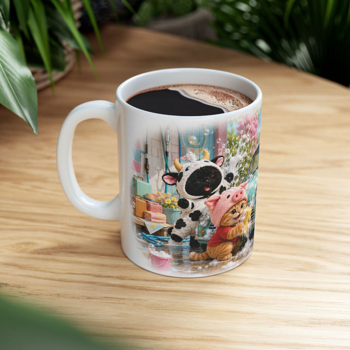 Car Wash Ceramic Mug – Cute Kitten Road Trip Adventure