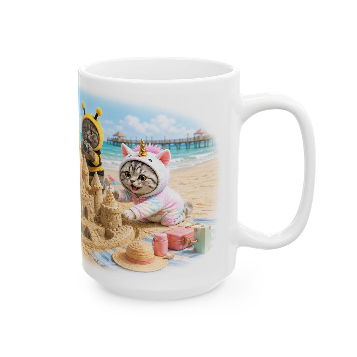 Beach Day Ceramic Mug – Cute Kitten Sandcastle Adventure