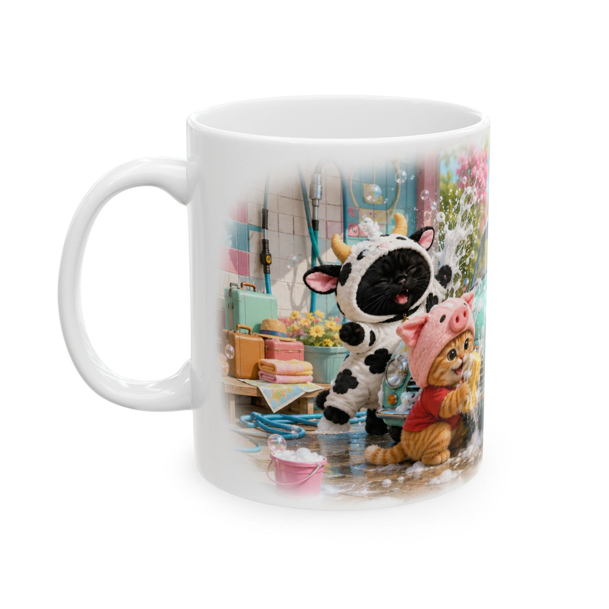 Car Wash Ceramic Mug – Cute Kitten Road Trip Adventure