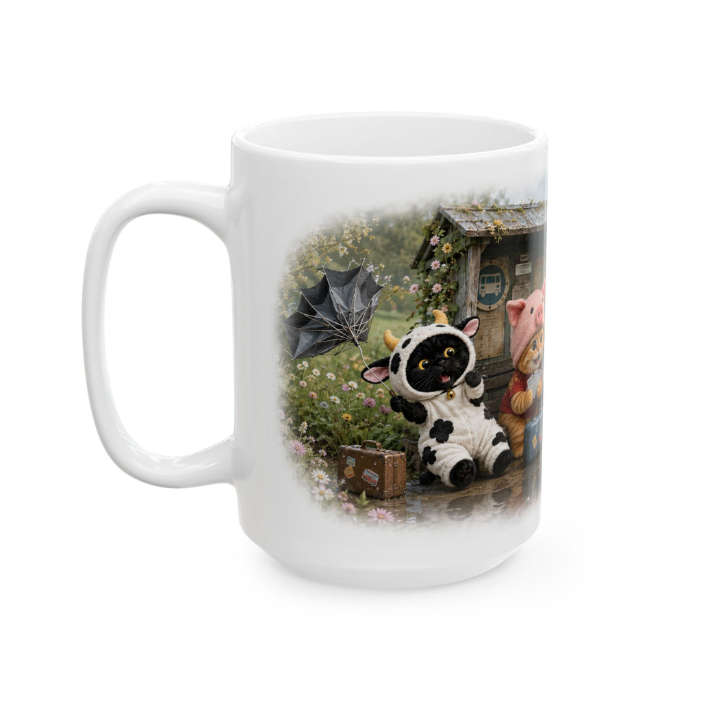 Rainy Day Ceramic Mug – Cute Kitten Bus Stop Adventure