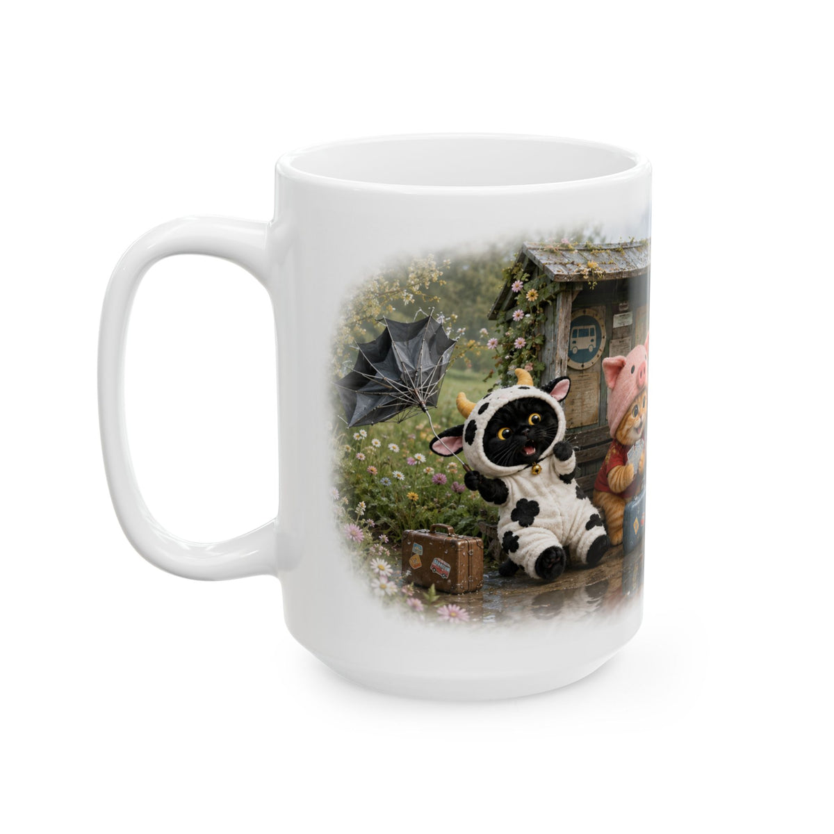 Rainy Day Ceramic Mug – Cute Kitten Bus Stop Adventure