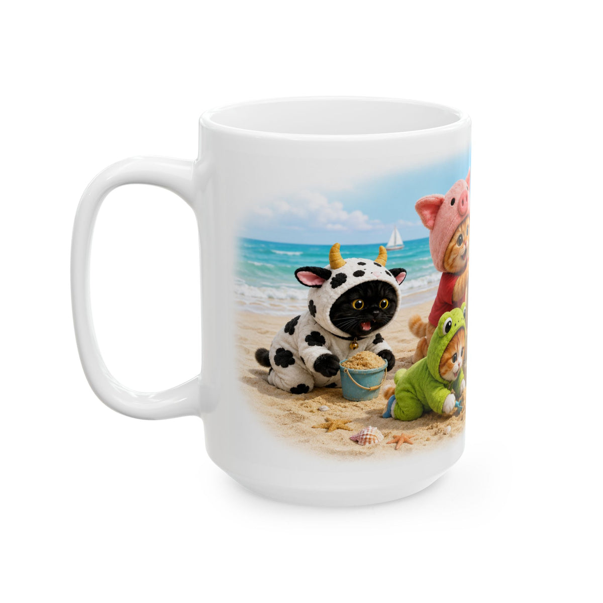 Beach Day Ceramic Mug – Cute Kitten Sandcastle Adventure