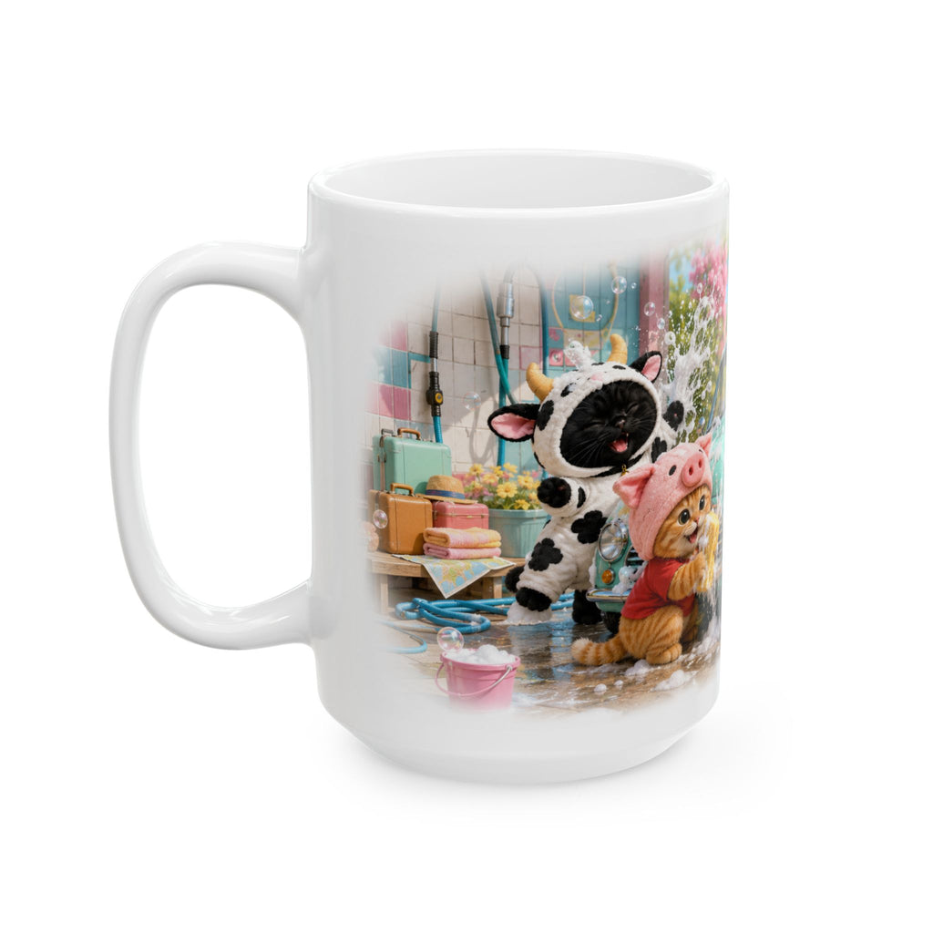 Car Wash Ceramic Mug – Cute Kitten Road Trip Adventure