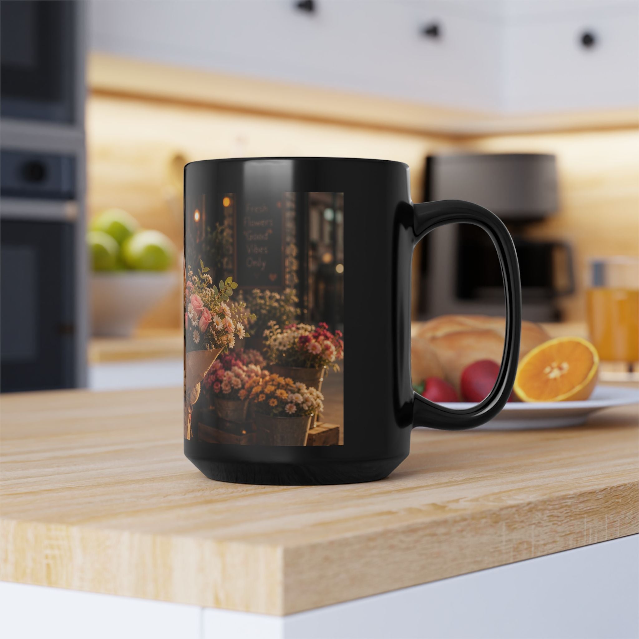 Porky with Flowers — Black Ceramic Mug