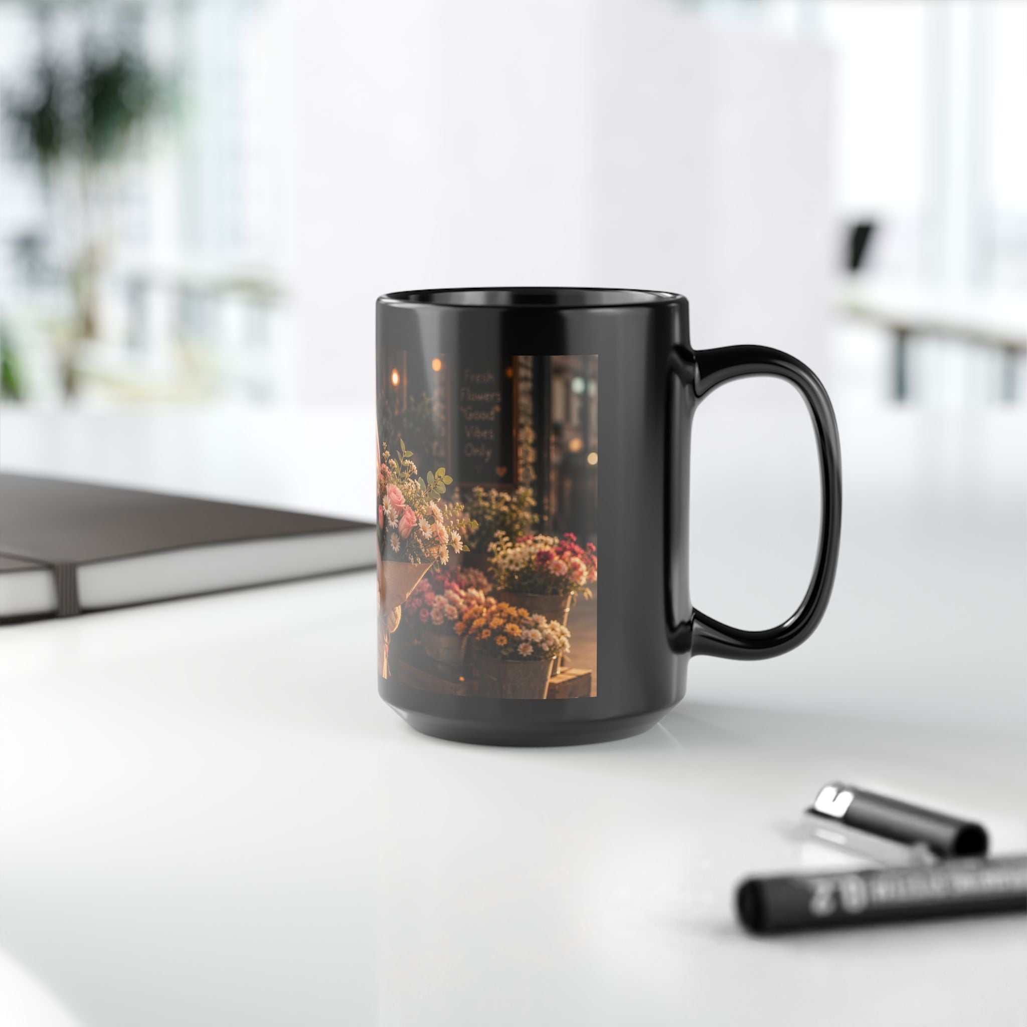 Porky with Flowers — Black Ceramic Mug