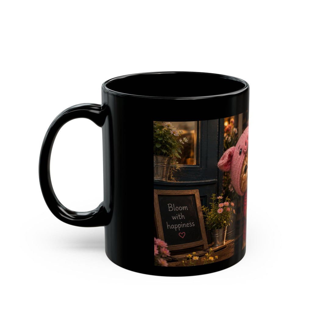 Porky with Flowers — Black Ceramic Mug