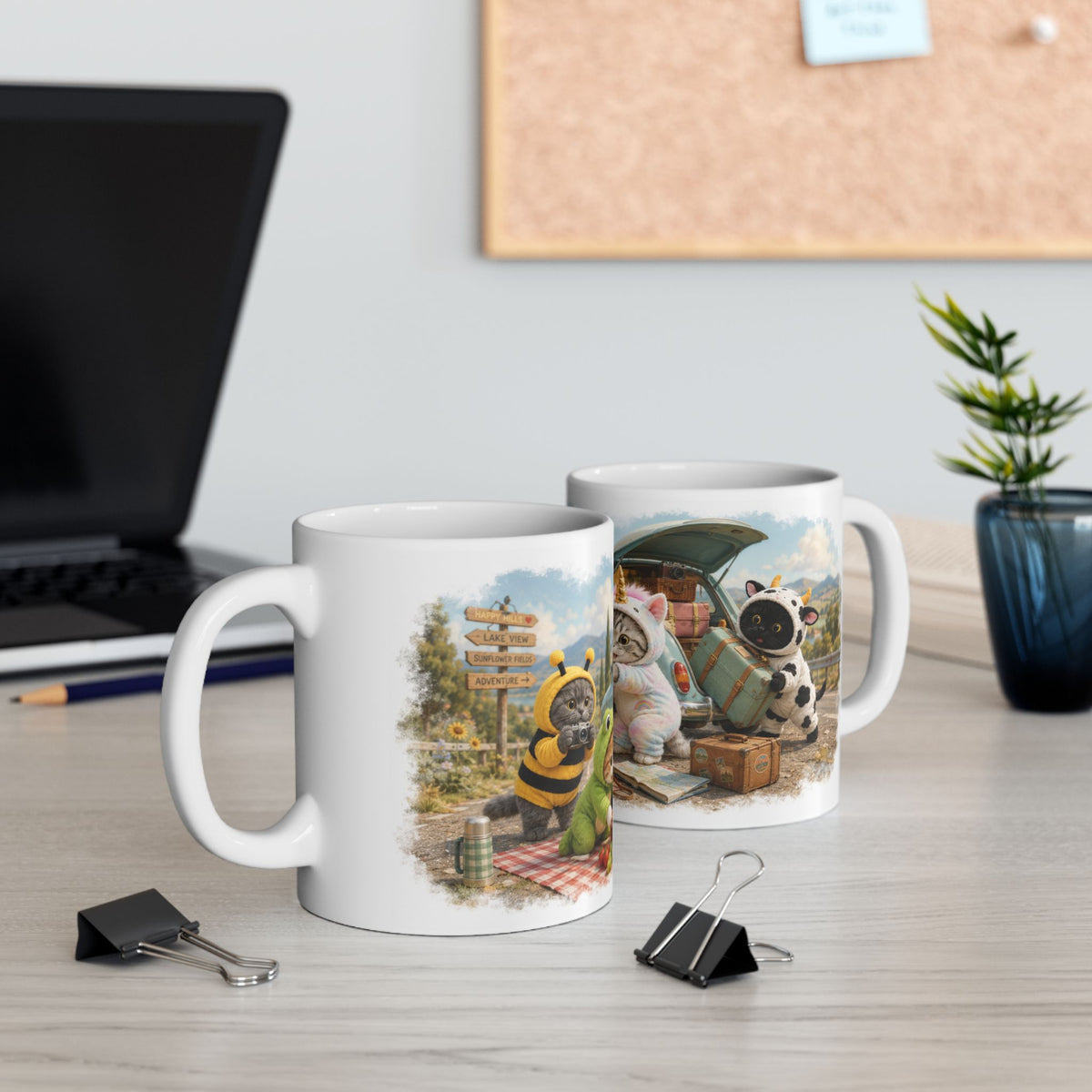 Road Trip Picnic Ceramic Mug – Cute Kitten Travel Adventure