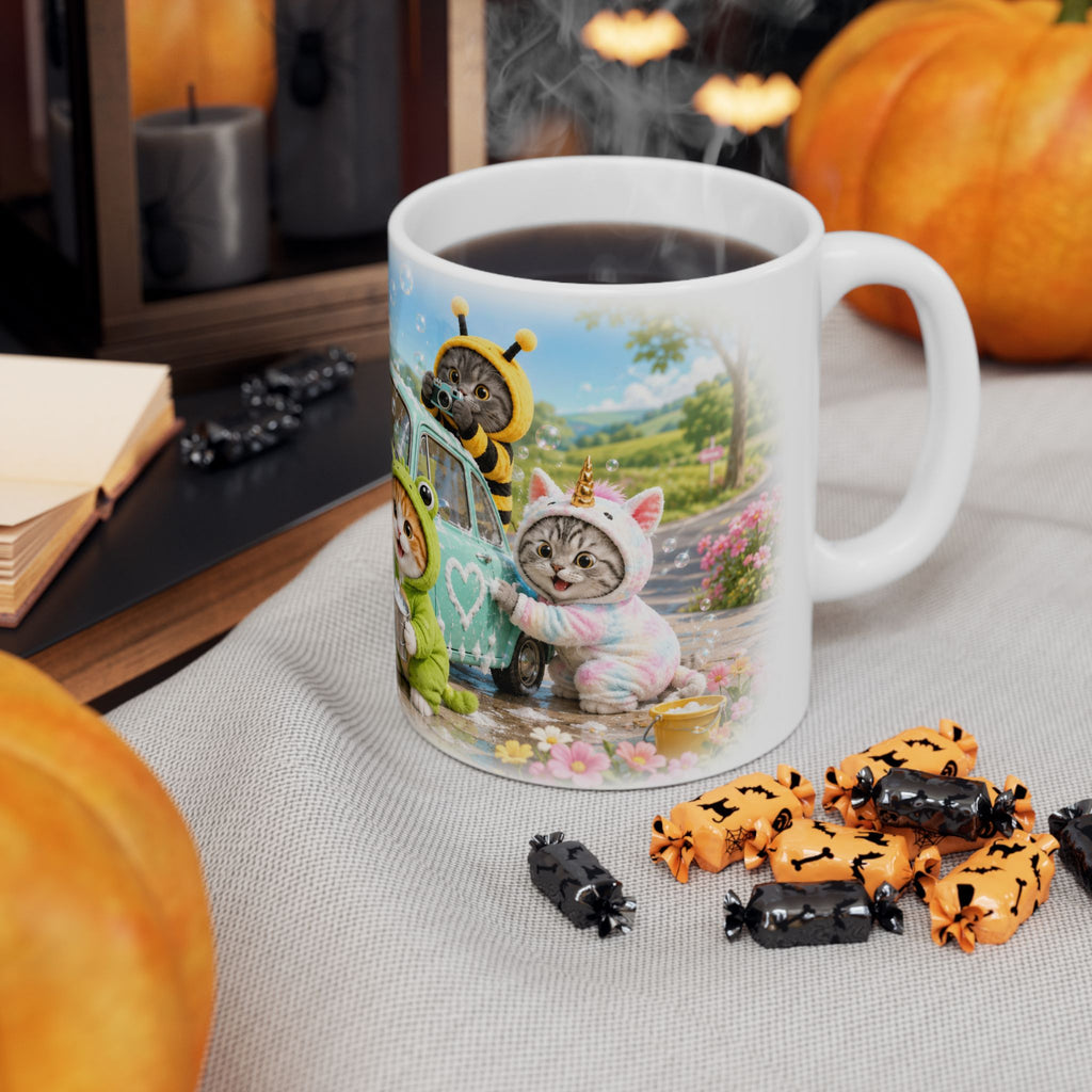 Car Wash Ceramic Mug – Cute Kitten Road Trip Adventure