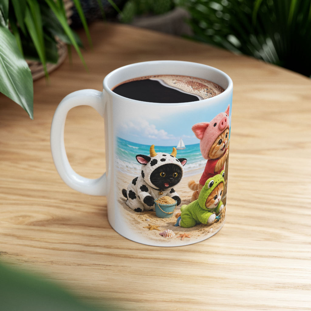 Beach Day Ceramic Mug – Cute Kitten Sandcastle Adventure