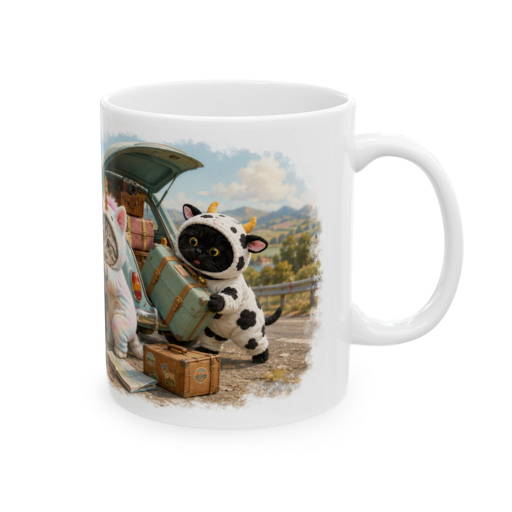 Road Trip Picnic Ceramic Mug – Cute Kitten Travel Adventure