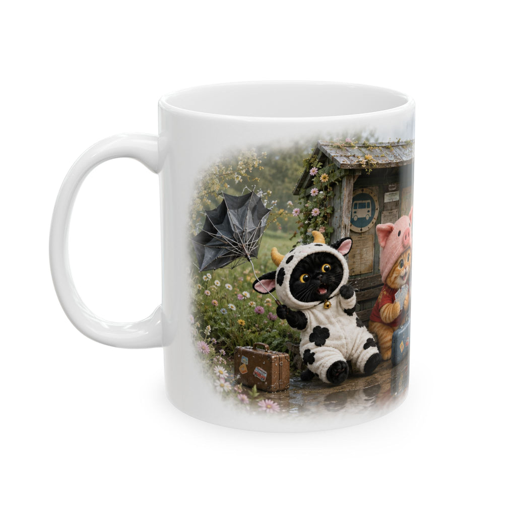 Rainy Day Ceramic Mug – Cute Kitten Bus Stop Adventure