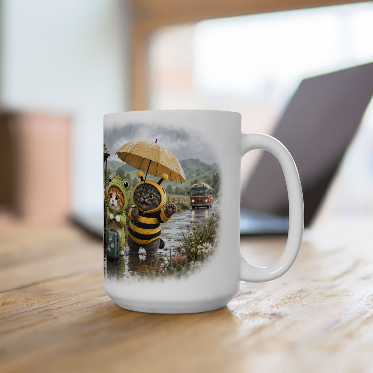 Rainy Day Ceramic Mug – Cute Kitten Bus Stop Adventure