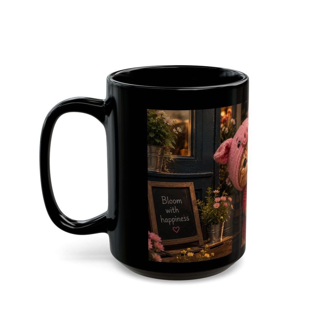 Porky with Flowers — Black Ceramic Mug