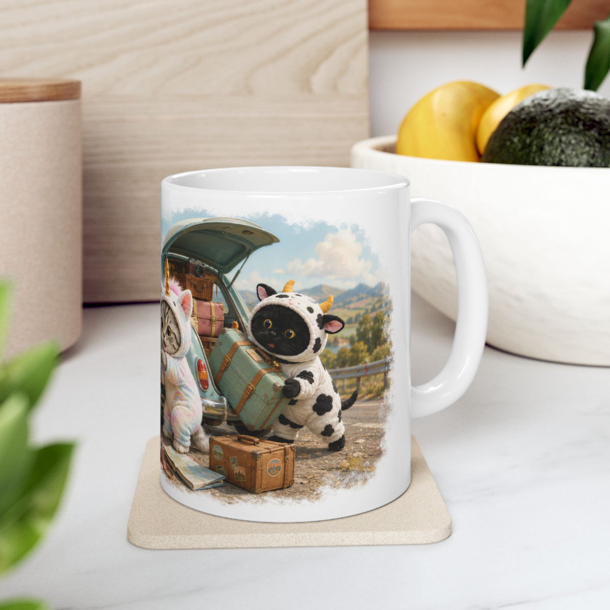 Road Trip Picnic Ceramic Mug – Cute Kitten Travel Adventure