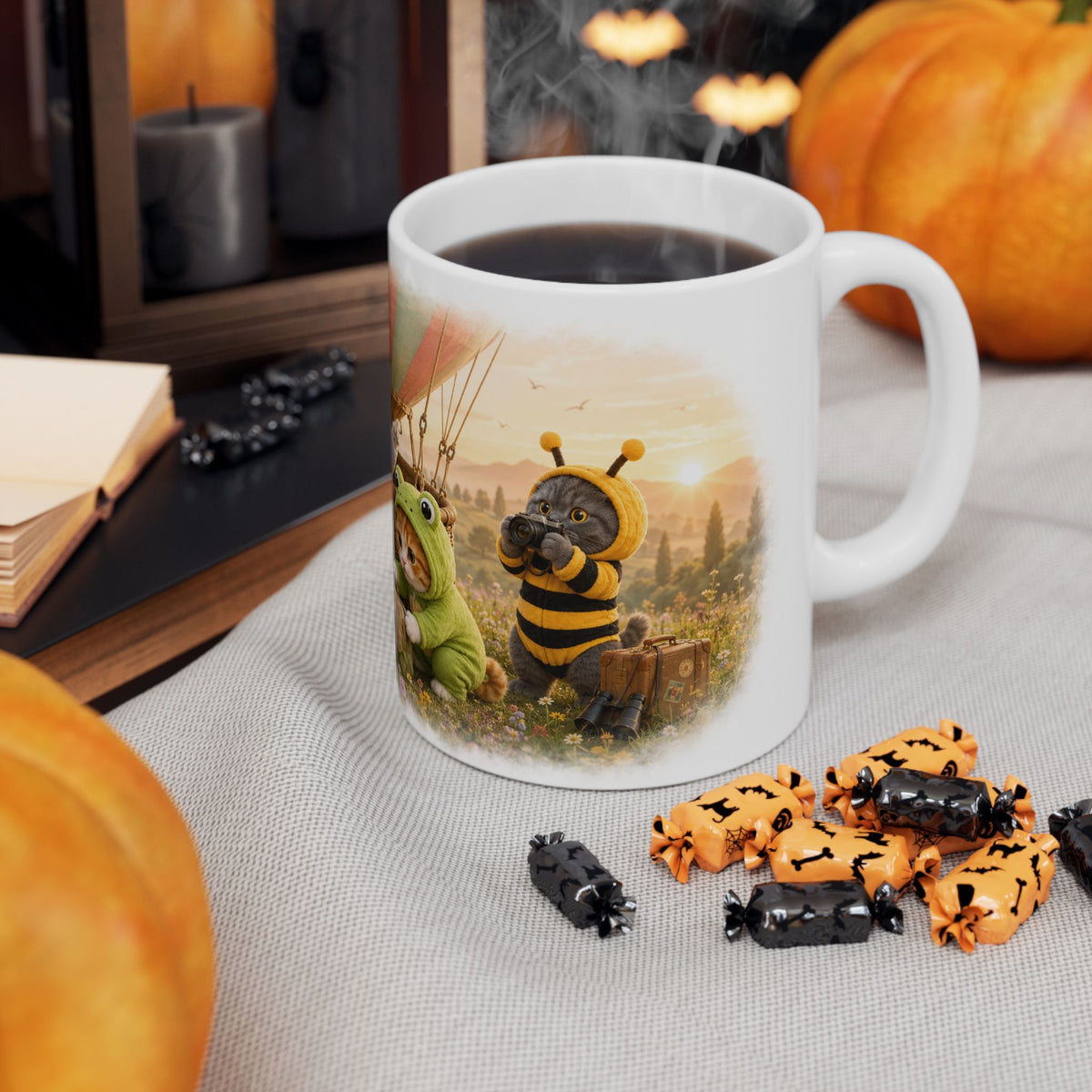 Hot Air Balloon Ceramic Mug – Cute Kitten Travel Adventure