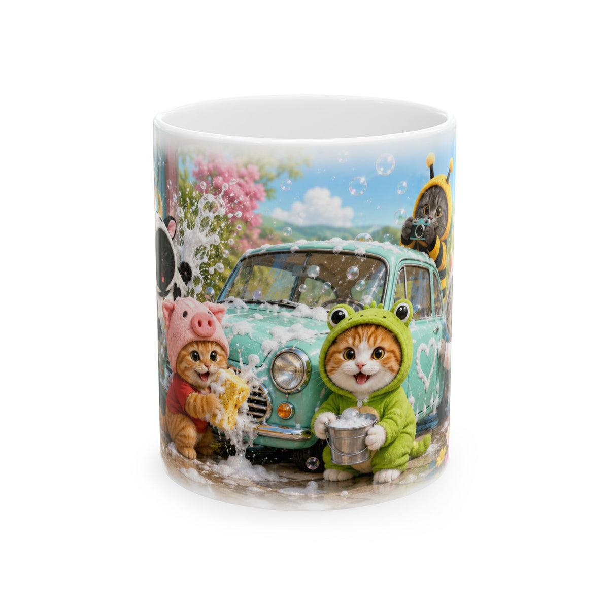 Car Wash Ceramic Mug – Cute Kitten Road Trip Adventure