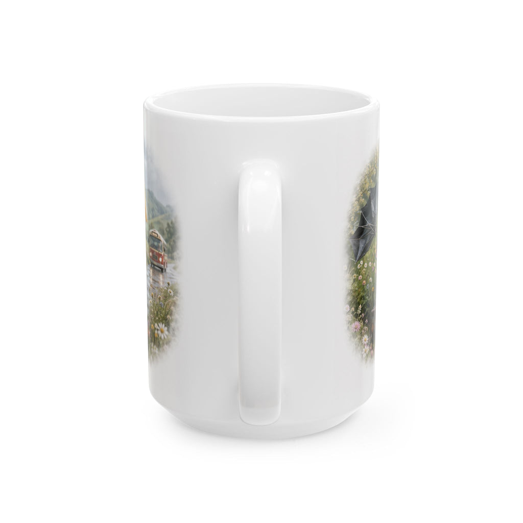 Rainy Day Ceramic Mug – Cute Kitten Bus Stop Adventure
