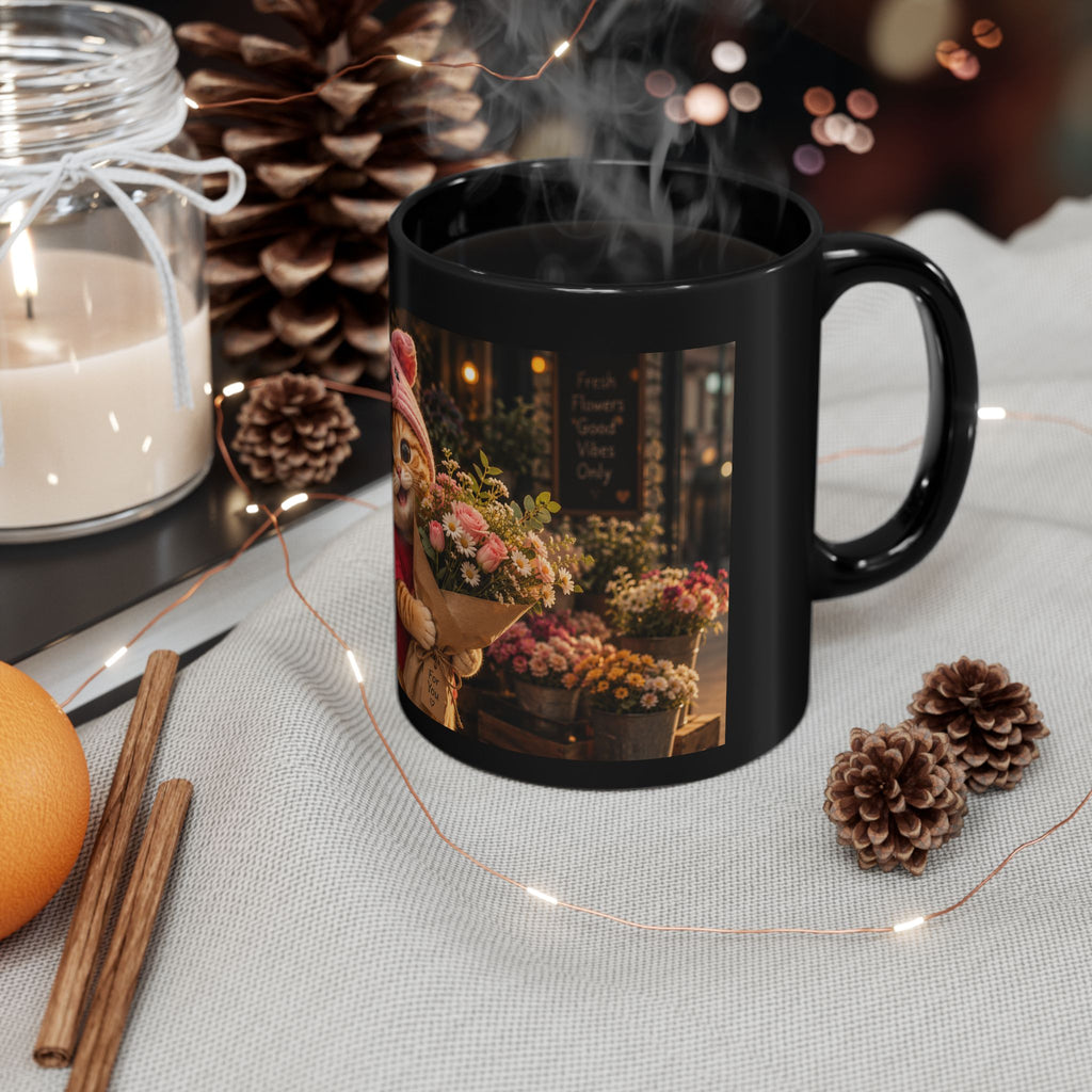 Porky with Flowers — Black Ceramic Mug