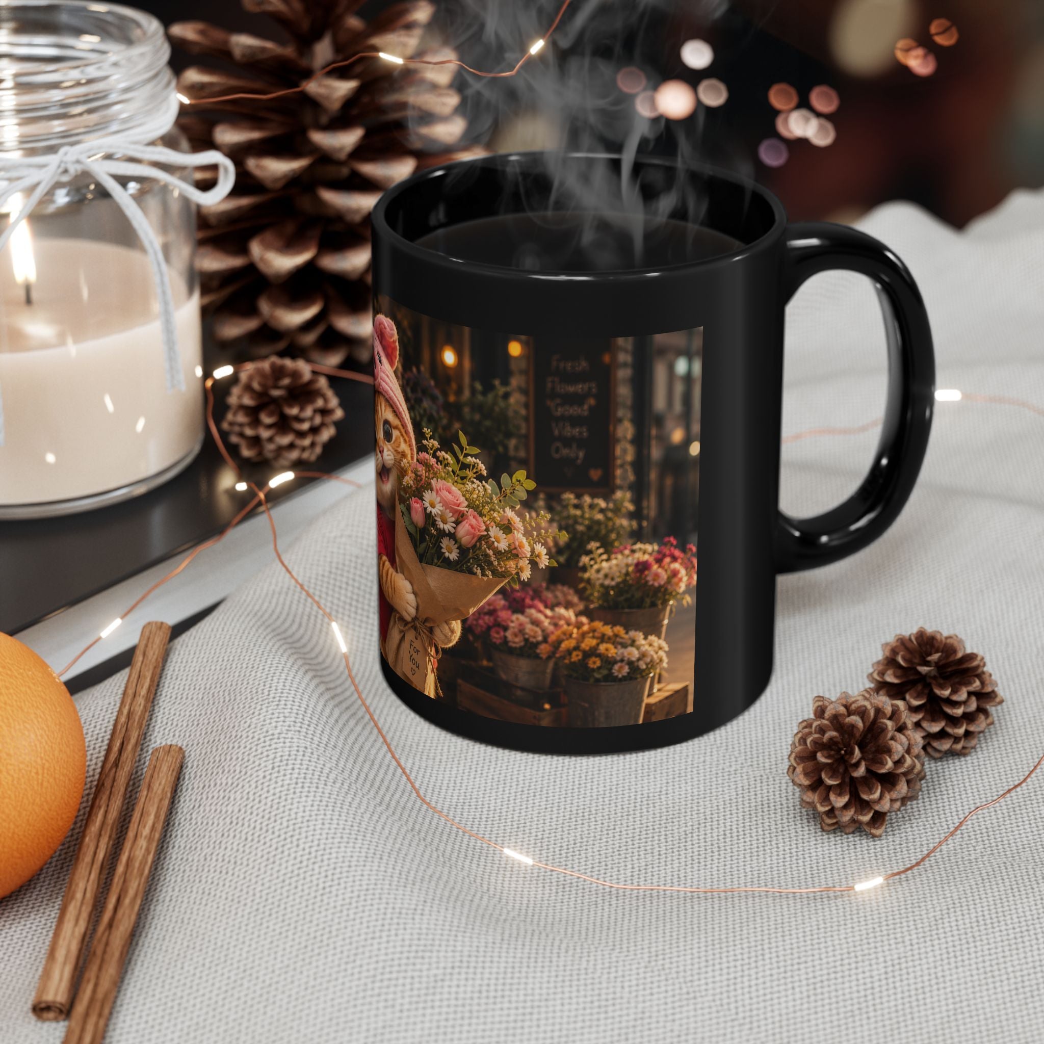 Porky with Flowers — Black Ceramic Mug